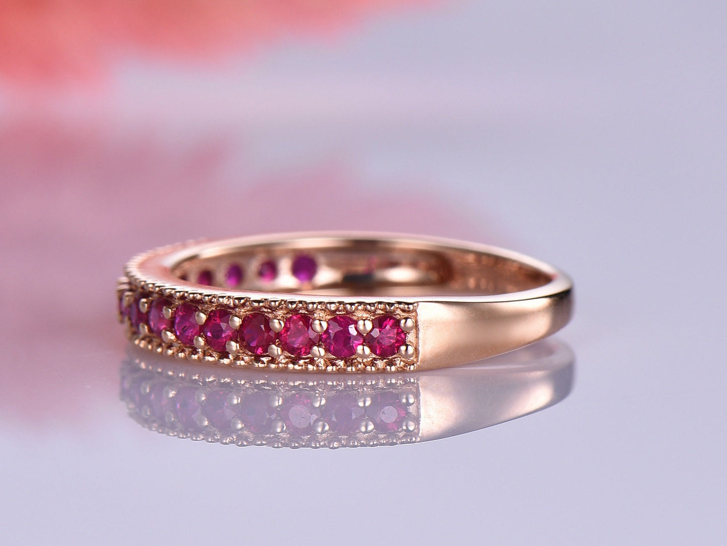 Ruby wedding band 14k rose gold half eternity ring milgrain style July birthstone ring natural gemstone anniversary gift