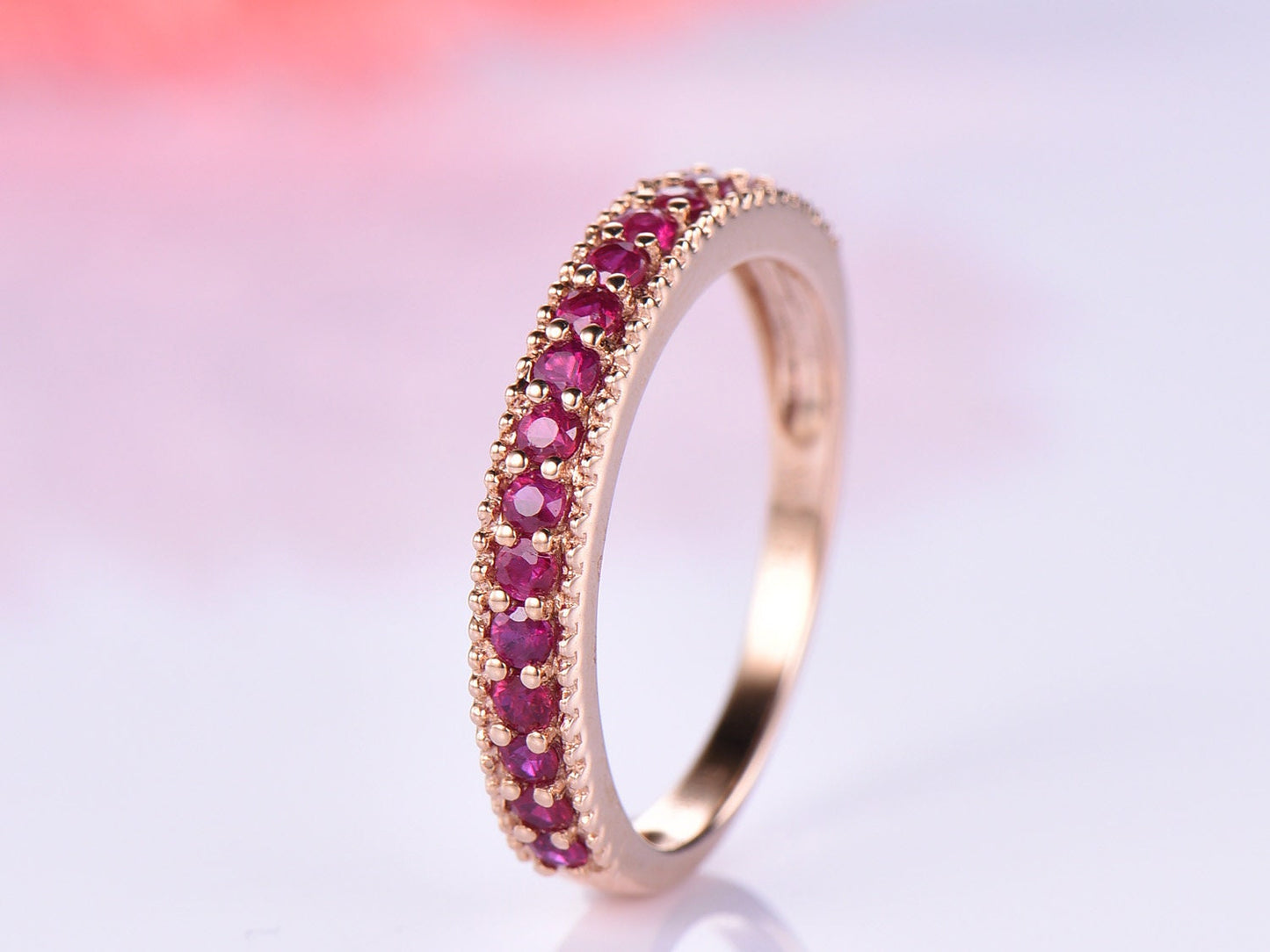 Ruby wedding band 14k rose gold half eternity ring milgrain style July birthstone ring natural gemstone anniversary gift