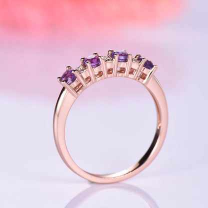 Amethyst diamond wedding band 14k/18k rose gold half eternity engagement ring women bridal promise ring natural birthstone matching band