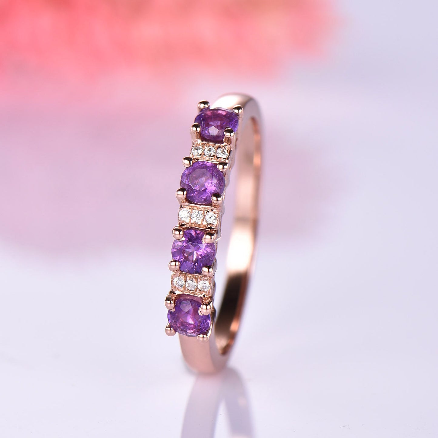 Amethyst diamond wedding band 14k/18k rose gold half eternity engagement ring women bridal promise ring natural birthstone matching band