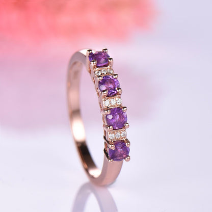 Amethyst diamond wedding band 14k/18k rose gold half eternity engagement ring women bridal promise ring natural birthstone matching band