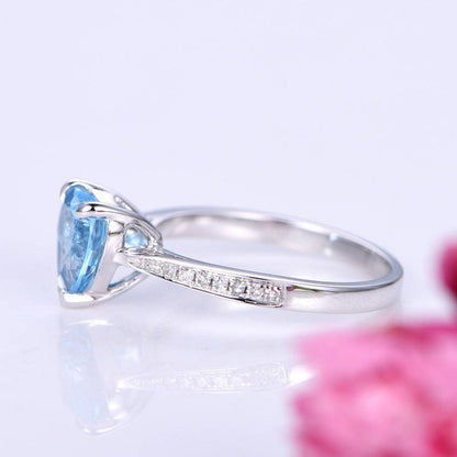 Blue topaz ring 7mm heart shape topaz engagement ring sky blue natural gemstone ring diamond band promise ring bridal ring 14k white gold