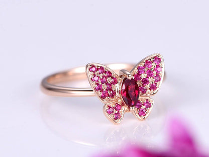 Ruby ring 0.35ct oval shape ruby engagement ring gemstone ring butterfly design anniversary ring solid 14k rose gold promise ring