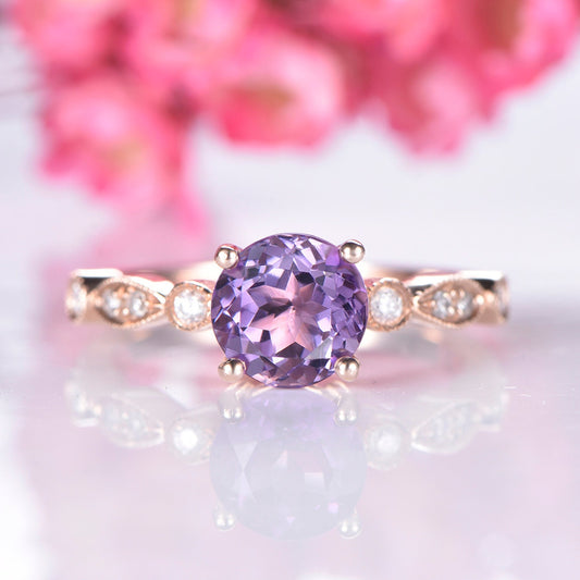 Amethyst engagement ring art deco diamond wedding band milgrains half eternity ring 6.5mm round cut IF amethyst solitaire ring 14k rose gold