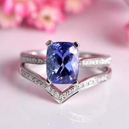 Tanzanite ring set cushion cut tanzanite engagement ring 7x9mm main stone V shape half eternity diamond wedding band solid 14k white gold