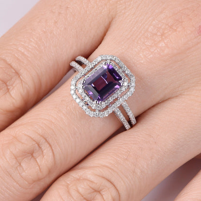 Amethyst engagement ring white gold double halo diamond ring split shank natural gemstone 6X8mm emerald cut IF amethyst birthstone promise