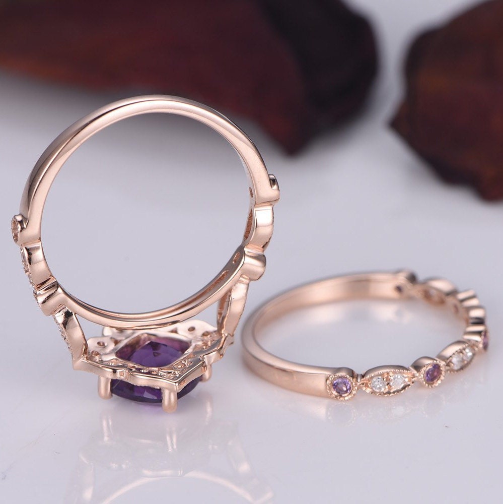 Amethyst ring set 6mm cushion shape amethyst engagement ring set vintage floral ring half eternity amethyst diamond wedding band rose gold