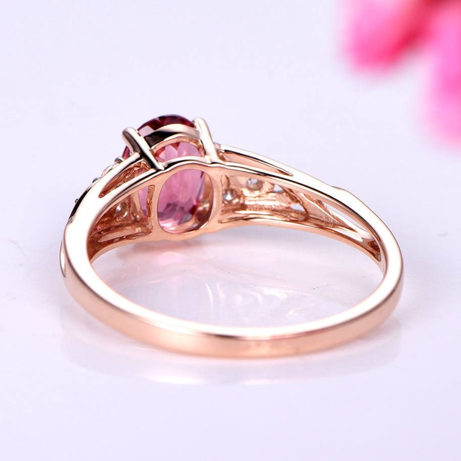 Tourmaline ring 1.5ct pink tourmaline ring full cut diamond wedding band diamond engagement ring soild 14k rose gold promise ring