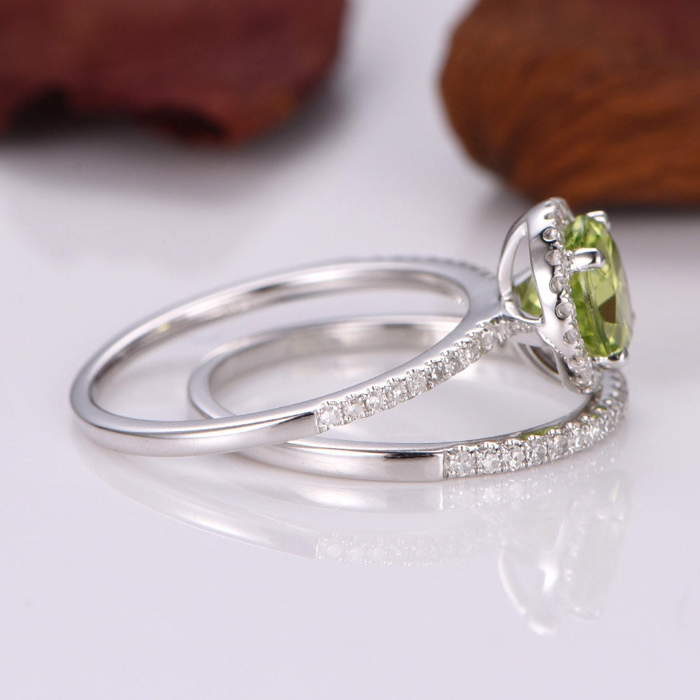 Peridot ring set 7mm round cut green peridot engagement ring birthstone ring half eternity diamond wedding band diamond ring 14k white gold