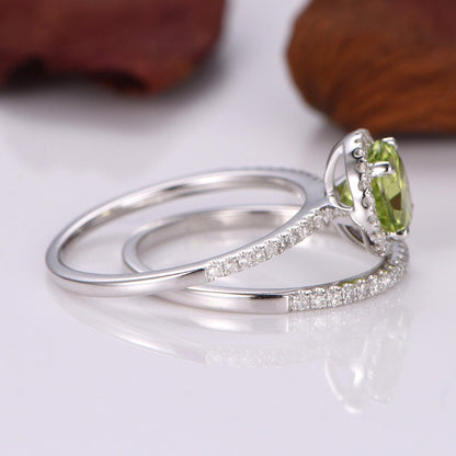 Peridot ring set 7mm round cut green peridot engagement ring birthstone ring half eternity diamond wedding band diamond ring 14k white gold