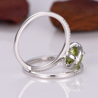 Peridot ring set 7mm round cut green peridot engagement ring birthstone ring half eternity diamond wedding band diamond ring 14k white gold