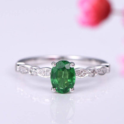 Tsavorite Ring 5x7mm oval cut tsavorite engagement ring diamond wedding band solid 14k white gold ring custom jewelry promise ring