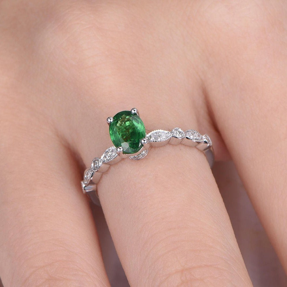 Tsavorite Ring 5x7mm oval cut tsavorite engagement ring diamond wedding band solid 14k white gold ring custom jewelry promise ring