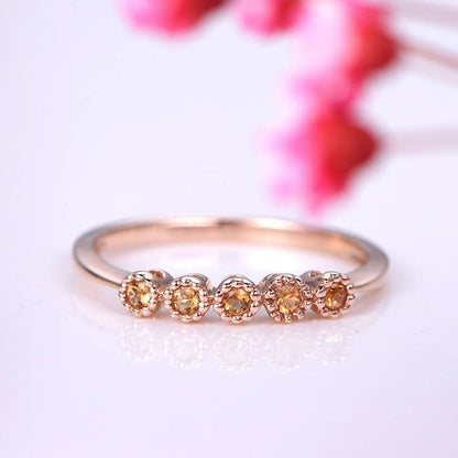 Natural citrine ring citrine wedding band 14k rose gold engagement ring birthstone matching band bezel set anniversary ring Chirstmas gift