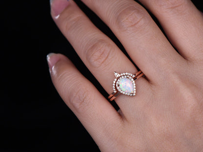 Unique engagement ring set opal ring women diamond wedding band stacking halo anniversary ring for her 6X8mm pear cut opal 14k rose gold