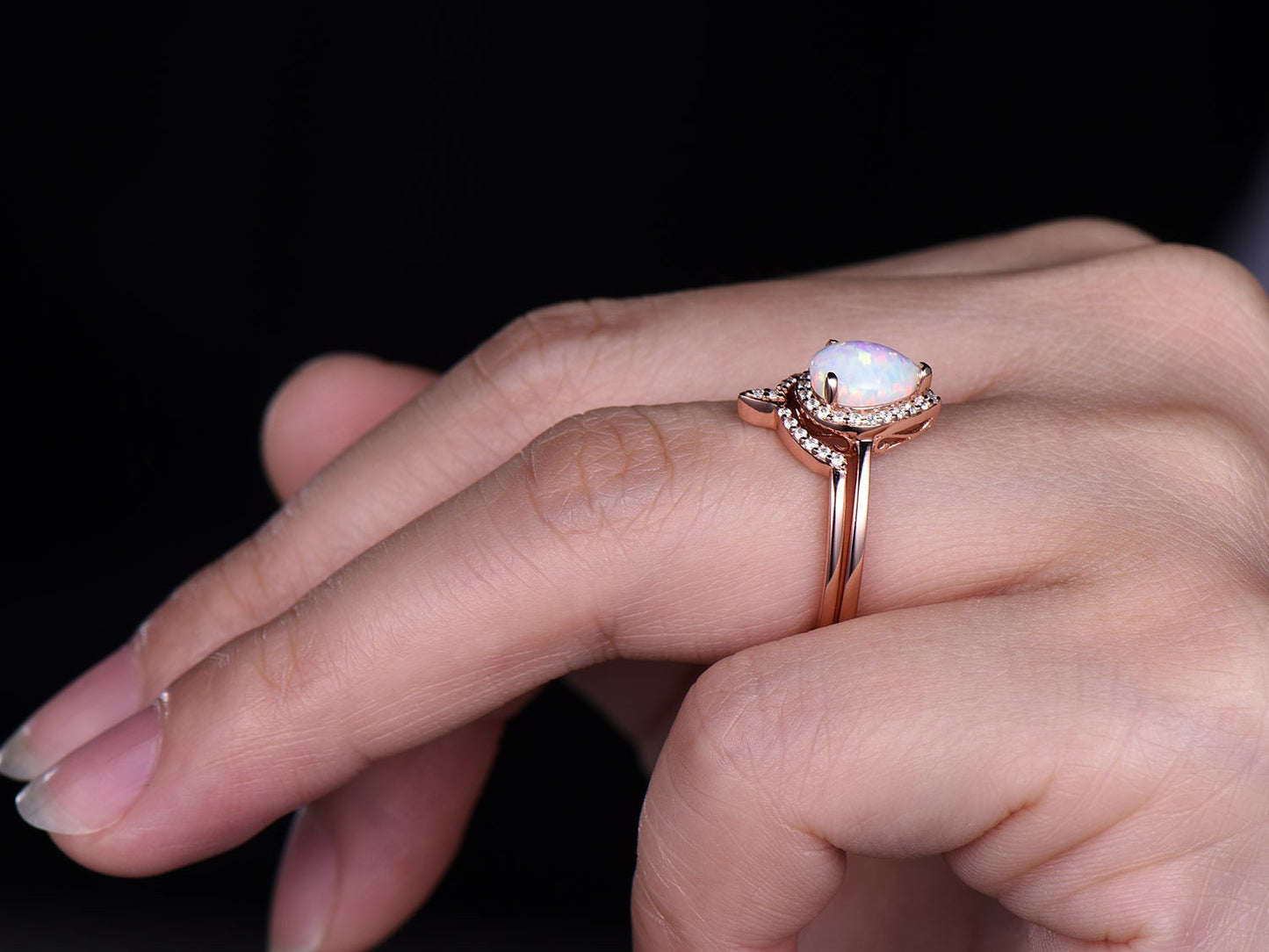 Unique engagement ring set opal ring women diamond wedding band stacking halo anniversary ring for her 6X8mm pear cut opal 14k rose gold