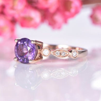 Amethyst engagement ring art deco diamond wedding band milgrains half eternity ring 6.5mm round cut IF amethyst solitaire ring 14k rose gold