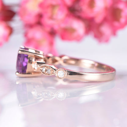 Amethyst engagement ring art deco diamond wedding band milgrains half eternity ring 6.5mm round cut IF amethyst solitaire ring 14k rose gold