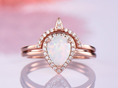 Unique engagement ring set opal ring women diamond wedding band stacking halo anniversary ring for her 6X8mm pear cut opal 14k rose gold