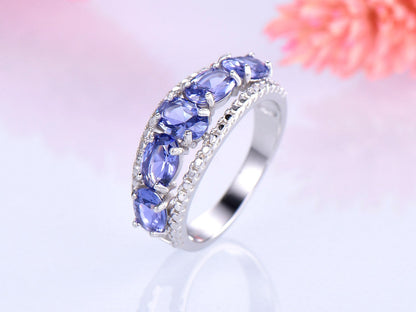 Tanzanite wedding band men ring solid 14k white gold natural AAA tanzanite diamond matching band engagement ring anniversary birthstone