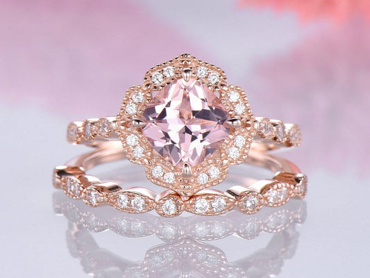 Pink morganite engagement ring art deco CZ wedding band rose gold plated bridal promise ring set 7mm cushion cut morganite wedding ring set