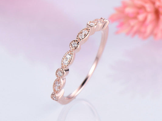 Rose gold CZ cubic zirconia wedding band marquise art deco half eternity ring stacking matching band anniversary gift for women