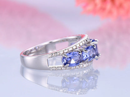 Tanzanite wedding band men ring solid 14k white gold natural AAA tanzanite diamond matching band engagement ring anniversary birthstone