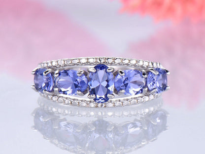 Tanzanite wedding band men ring solid 14k white gold natural AAA tanzanite diamond matching band engagement ring anniversary birthstone