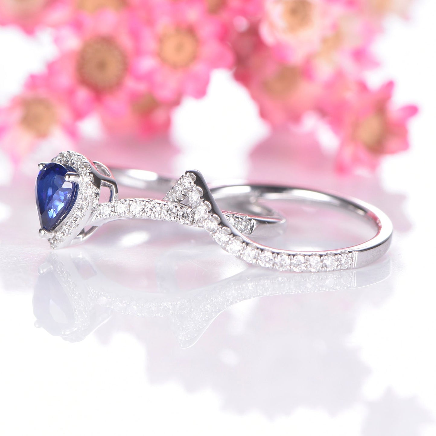 Vintage sapphire engagement ring set white gold blue sapphire ring for women v shape half eternity wedding band stacking promise bridal ring