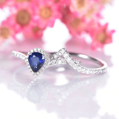 Vintage sapphire engagement ring set white gold blue sapphire ring for women v shape half eternity wedding band stacking promise bridal ring