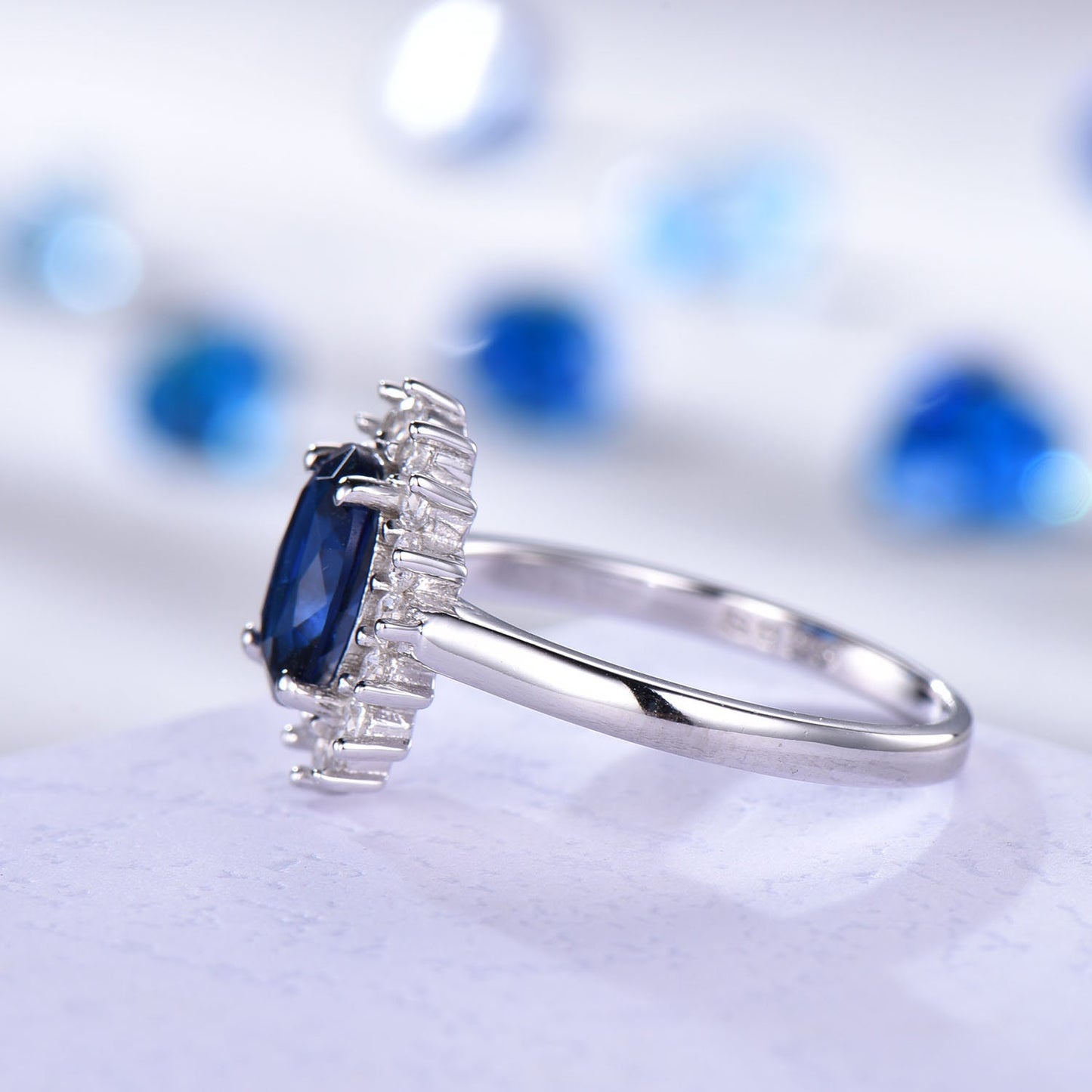 Vintage blue sapphire ring CZ diamond exquisite engagement ring white gold band genuine gemstone princess Diana style Christmas gift for her