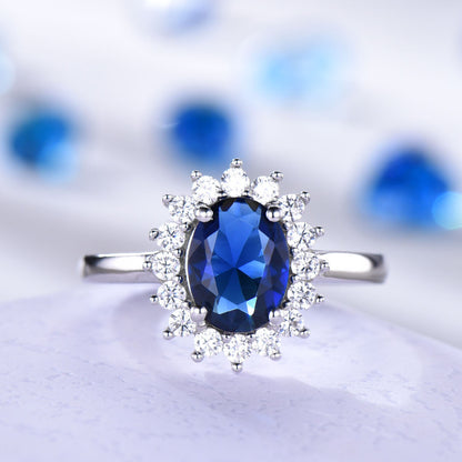 Vintage blue sapphire ring CZ diamond exquisite engagement ring white gold band genuine gemstone princess Diana style Christmas gift for her