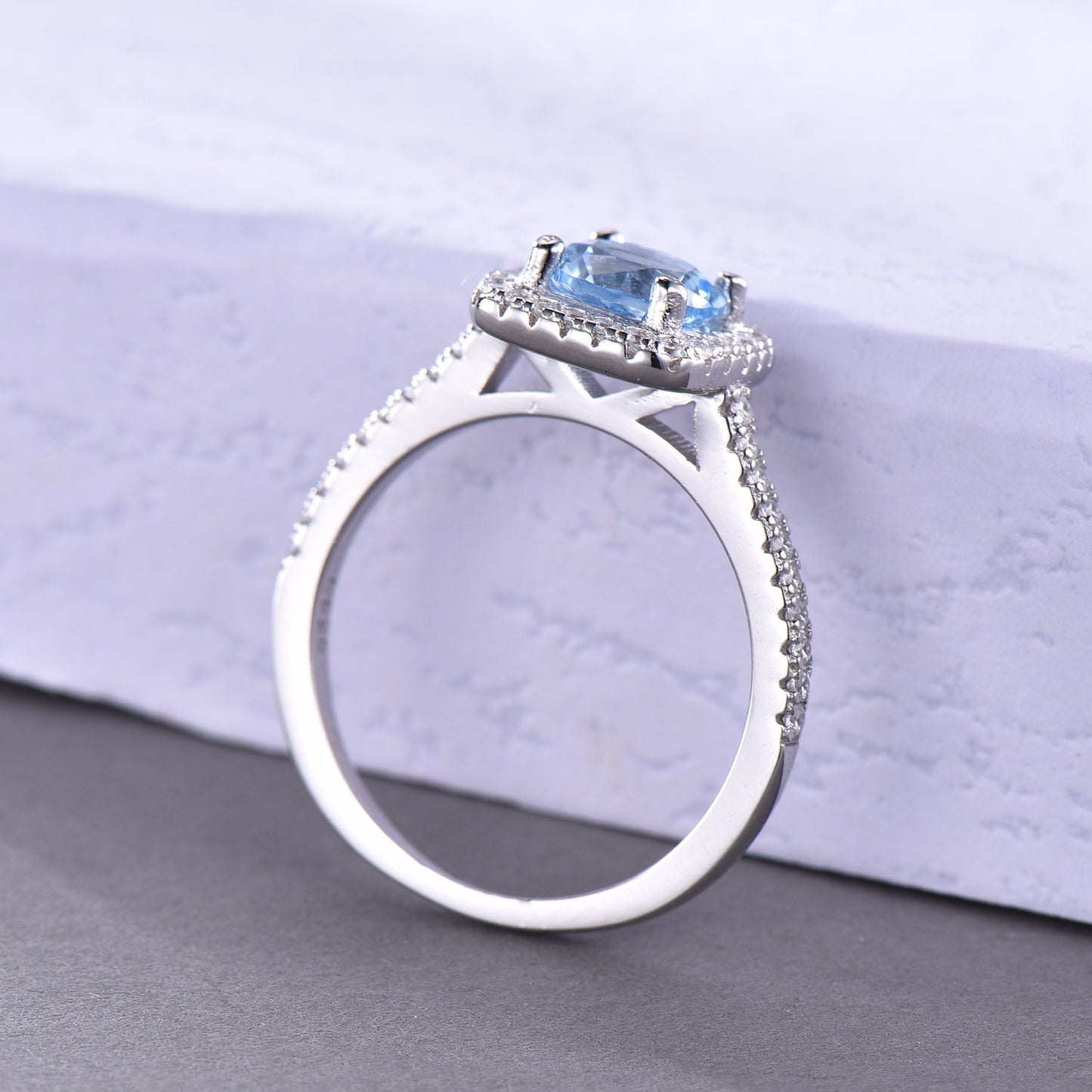 Aquamarine ring white gold plated cubic zircon silver blue engagement ring elegant promise anniversary birthday present for her