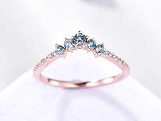 V shape topaz diamond wedding band curved stacking matching band London blue topaz half eternity ring solid 14k rose gold promise bridal