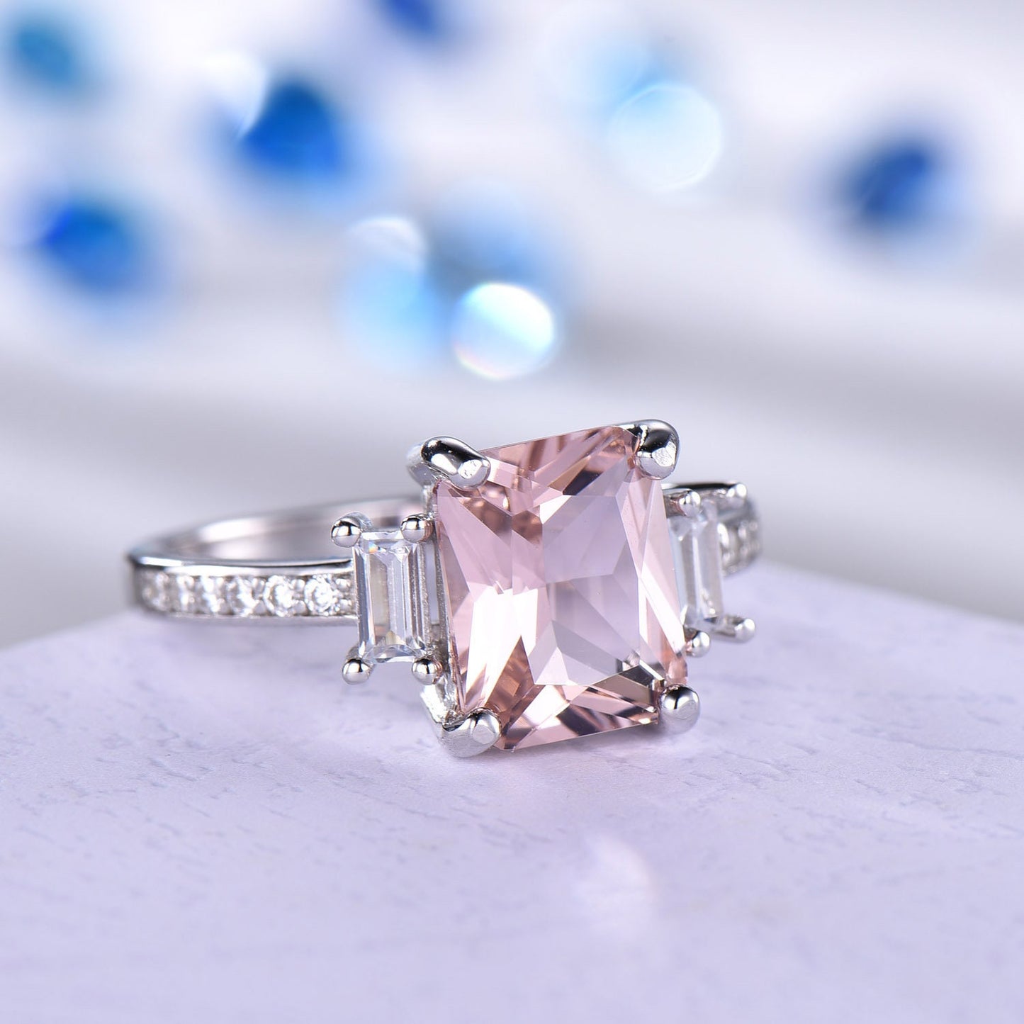 Pink morganite ring women sterling silver promise ring three stone cubic zirconia wedding band minimalist engagement anniversary gift