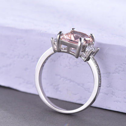 Pink morganite ring women sterling silver promise ring three stone cubic zirconia wedding band minimalist engagement anniversary gift