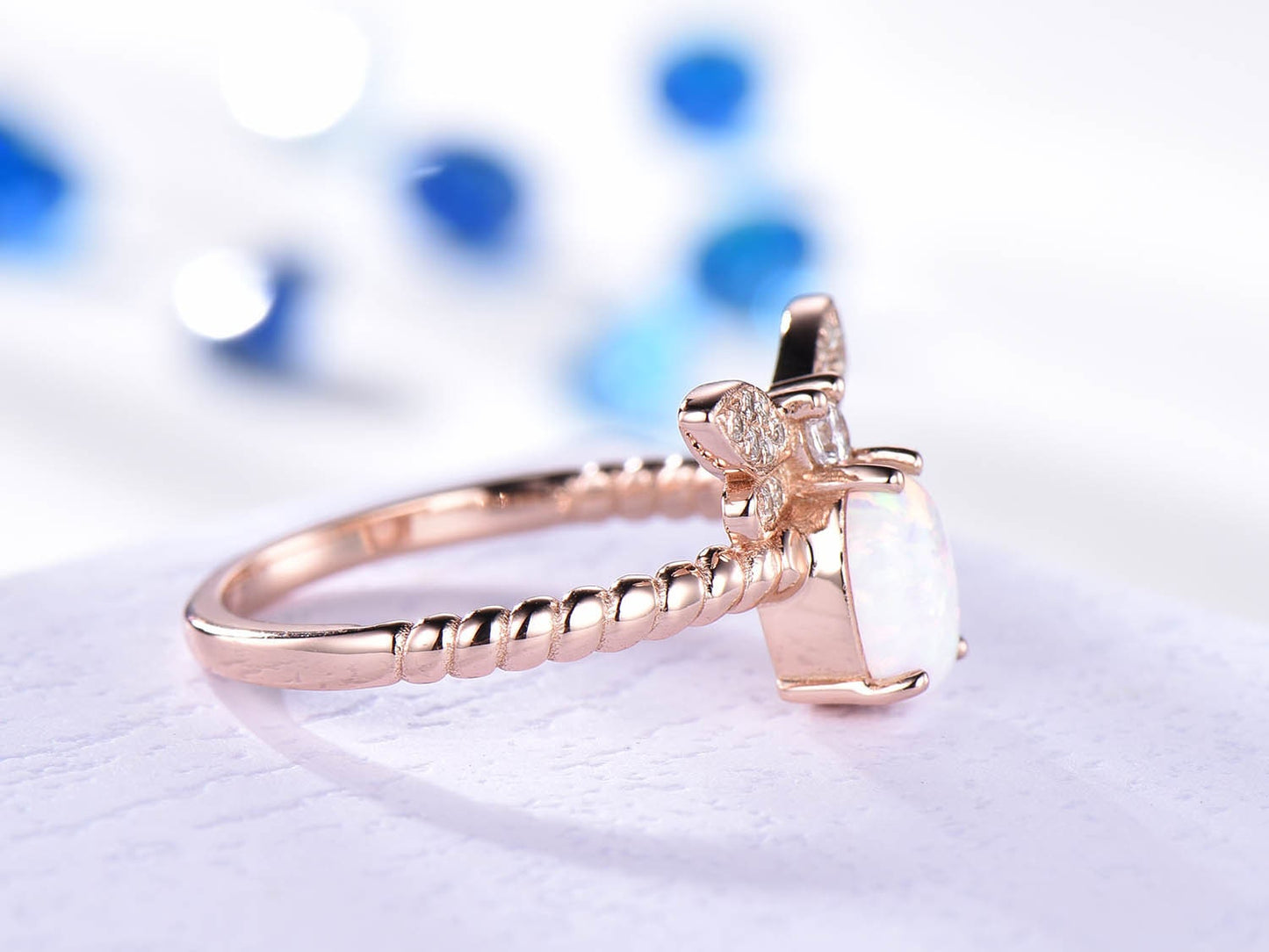 Butterfly opal engagement ring moissanite wedding ring rose gold women promise bridal plain gold band anniversary Christmas gift for her