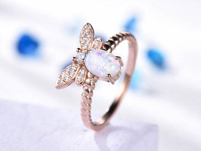 Butterfly opal engagement ring moissanite wedding ring rose gold women promise bridal plain gold band anniversary Christmas gift for her