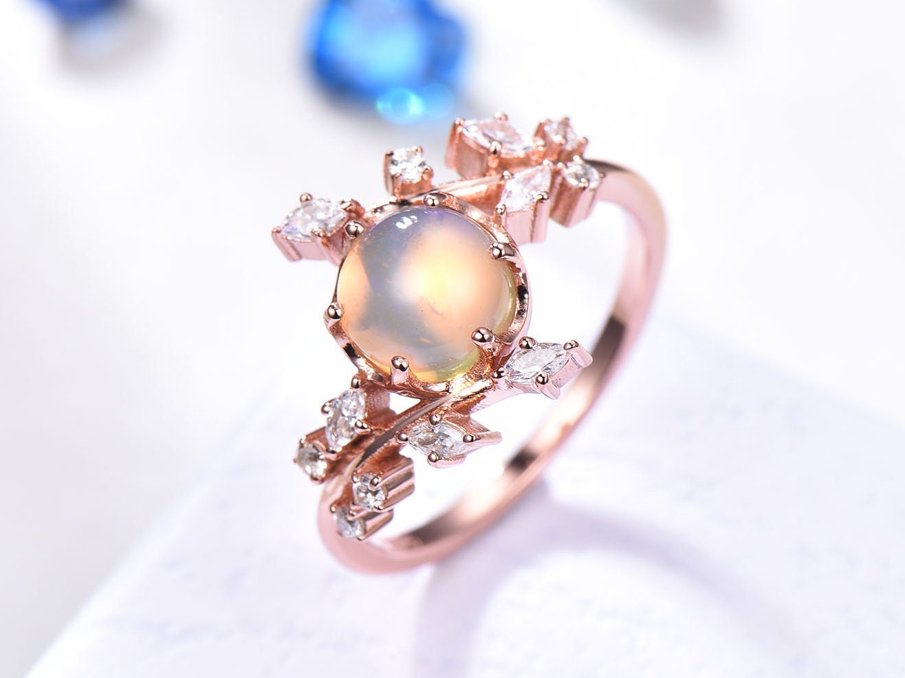 Natural opal engagement ring rose gold floral ring for women marquise moissanite bridal promise infinty jewelry other gemstone available