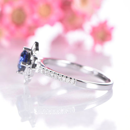 Vintage sapphire engagement ring white gold blue sapphire ring for women antique Unique Halo Diamond wedding band promise anniversary ring