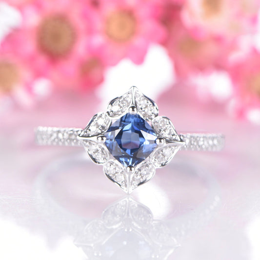 Vintage sapphire engagement ring white gold blue sapphire ring for women antique Unique Halo Diamond wedding band promise anniversary ring