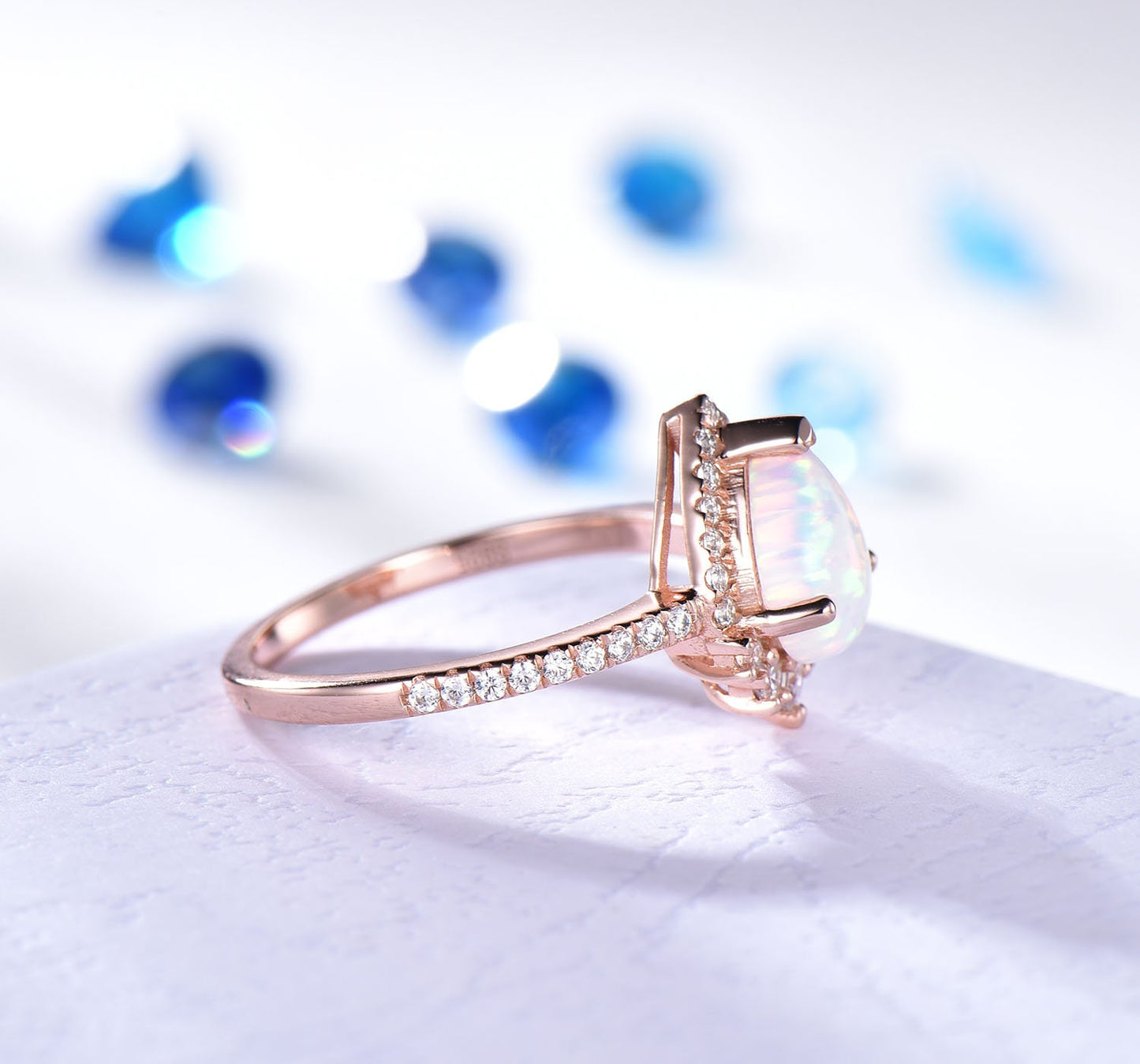 Pear cut opal engagement ring rose gold  women diamond halo ring diamond wedding band October ring promise bridal anniversary gift for her