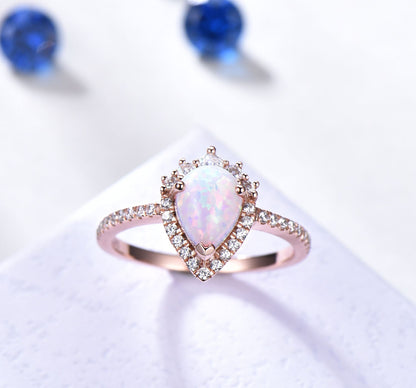 Pear cut opal engagement ring rose gold  women diamond halo ring diamond wedding band October ring promise bridal anniversary gift for her