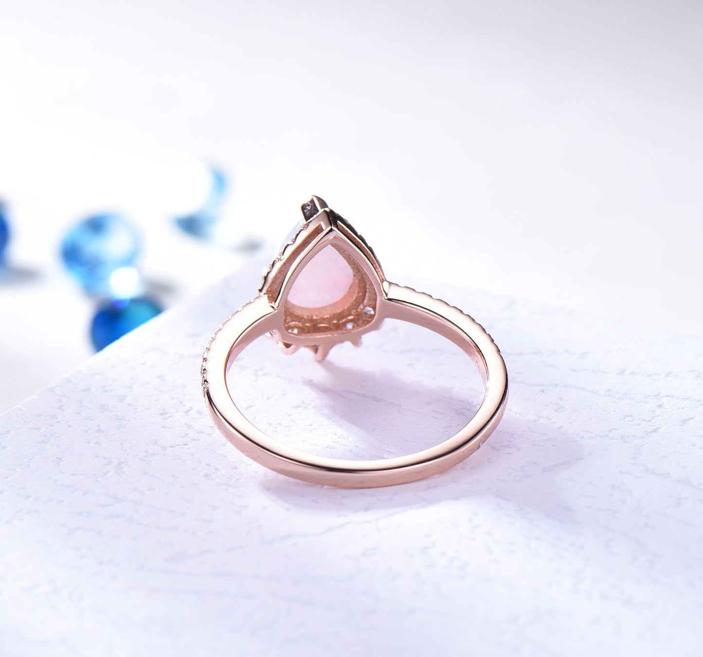 Pear cut opal engagement ring rose gold  women diamond halo ring diamond wedding band October ring promise bridal anniversary gift for her