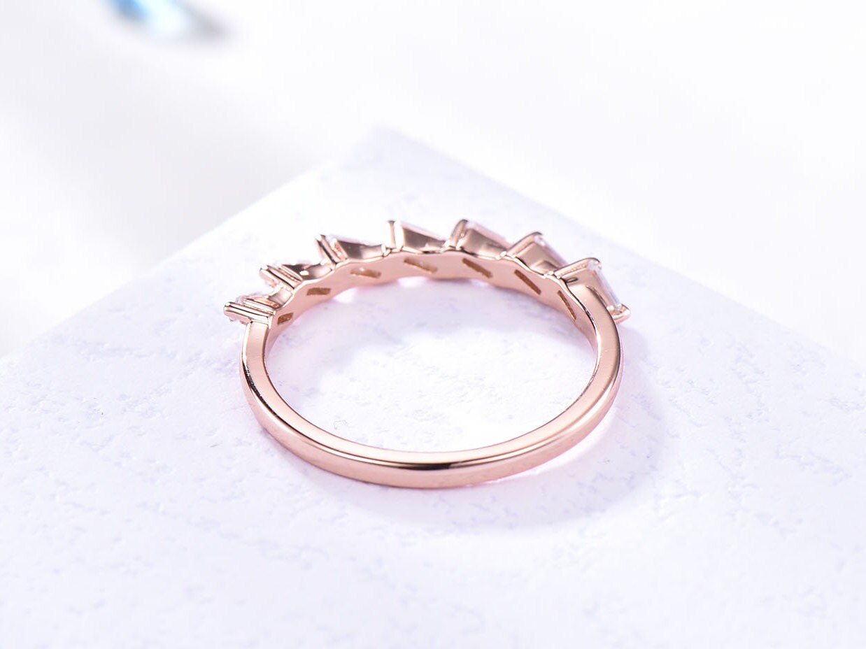 Rose gold baguette moissanite wedding band vintage ring for women stacking dainty matching band unique promise anniversary gift for her