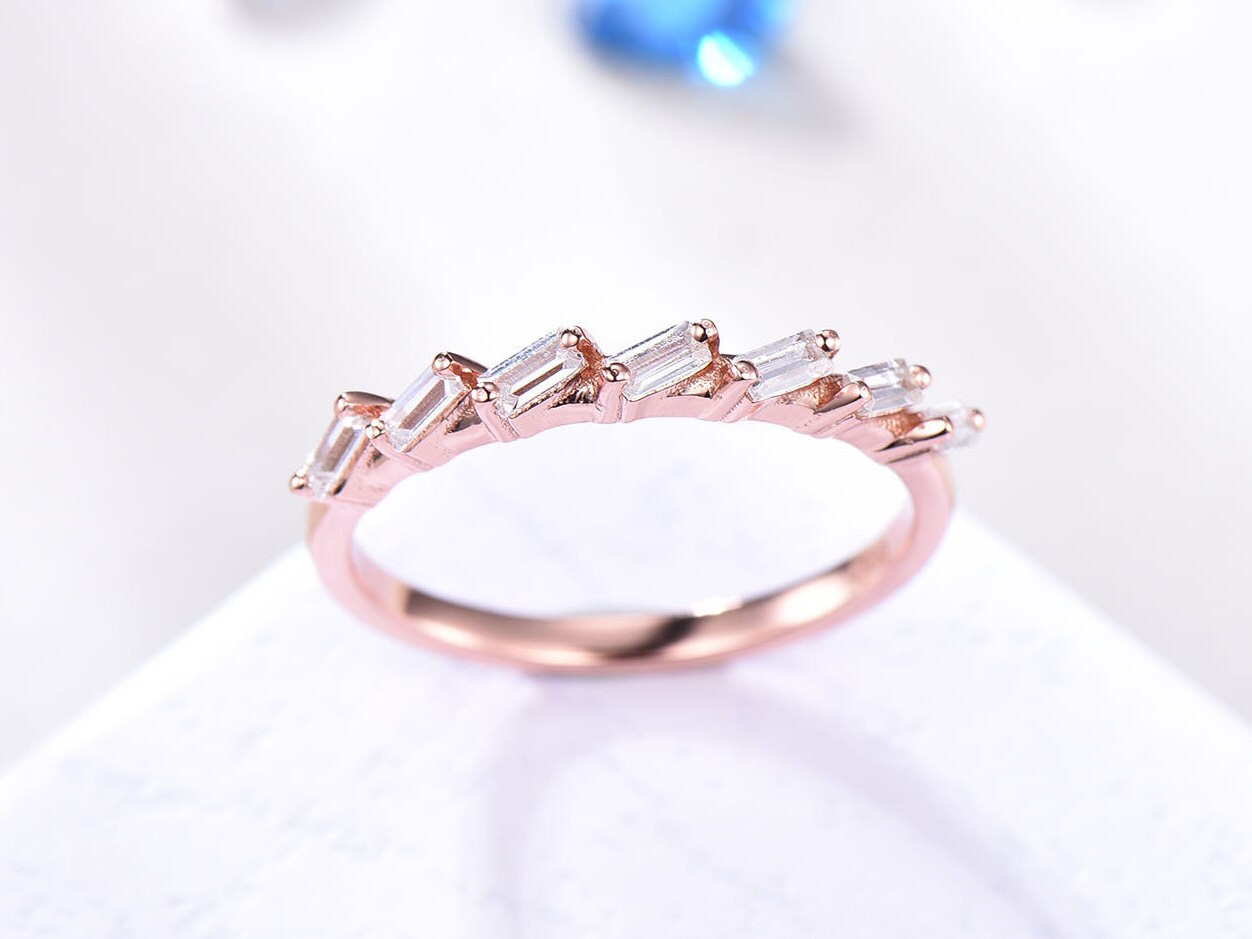 Rose gold baguette moissanite wedding band vintage ring for women stacking dainty matching band unique promise anniversary gift for her