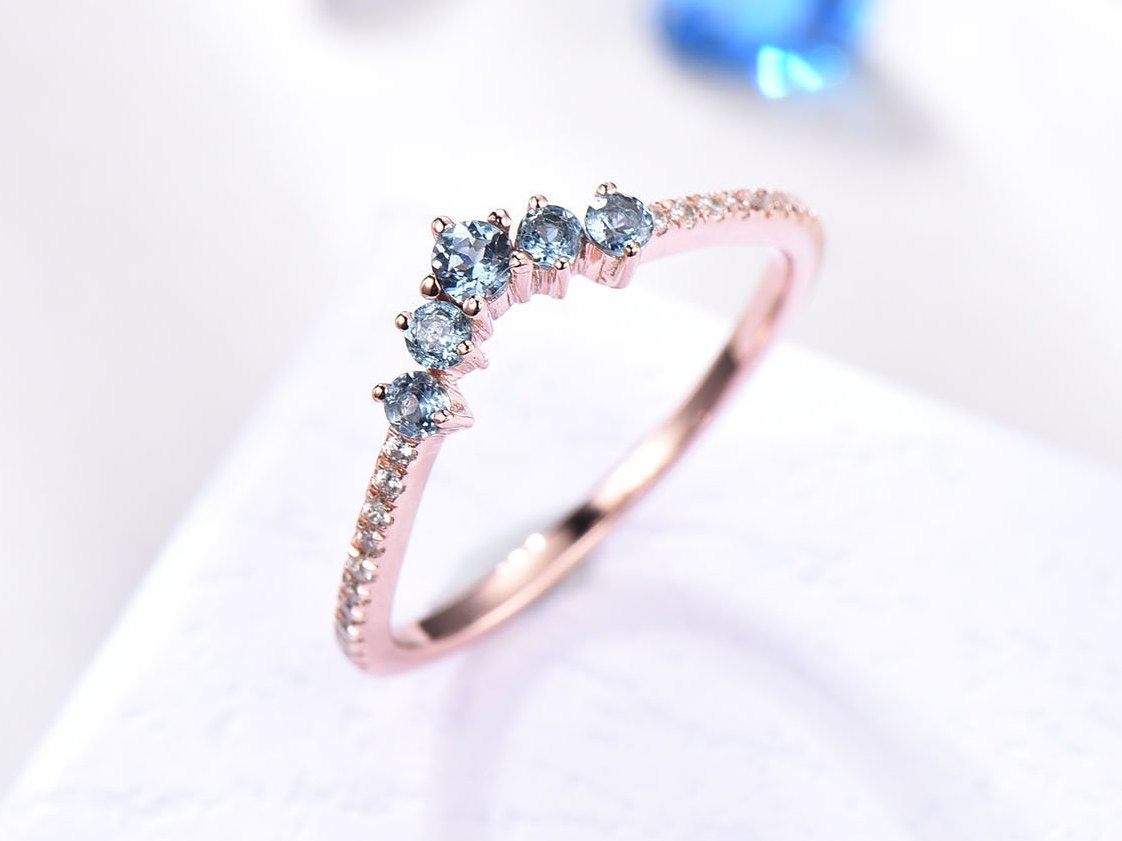 V shape topaz diamond wedding band curved stacking matching band London blue topaz half eternity ring solid 14k rose gold promise bridal