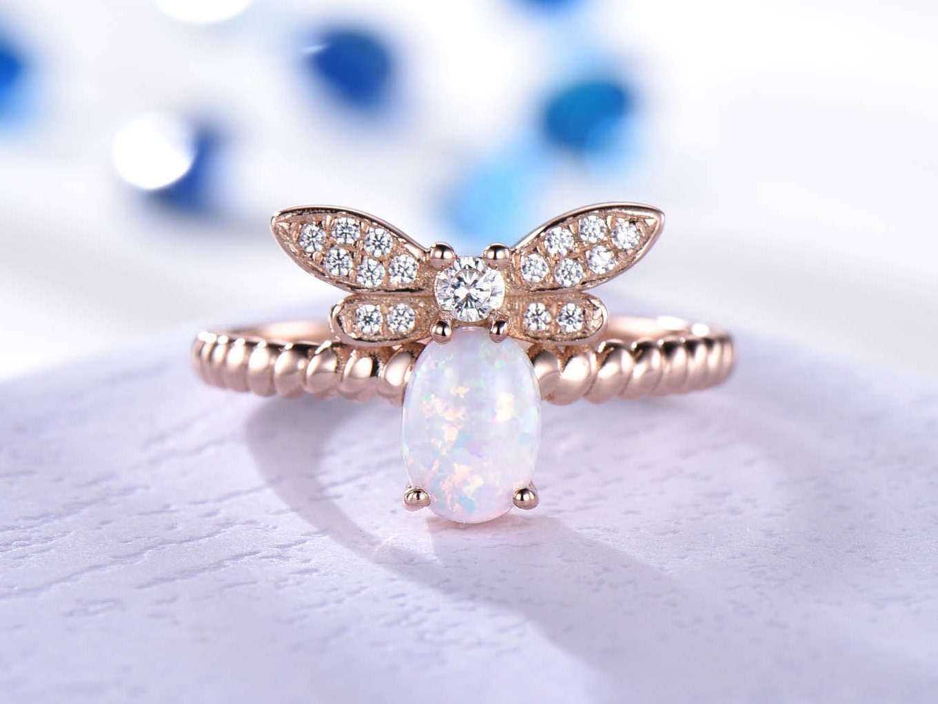 Butterfly opal engagement ring moissanite wedding ring rose gold women promise bridal plain gold band anniversary Christmas gift for her