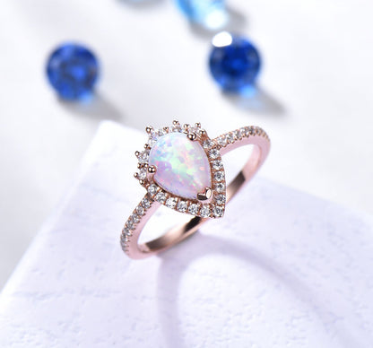 Pear cut opal engagement ring rose gold  women diamond halo ring diamond wedding band October ring promise bridal anniversary gift for her