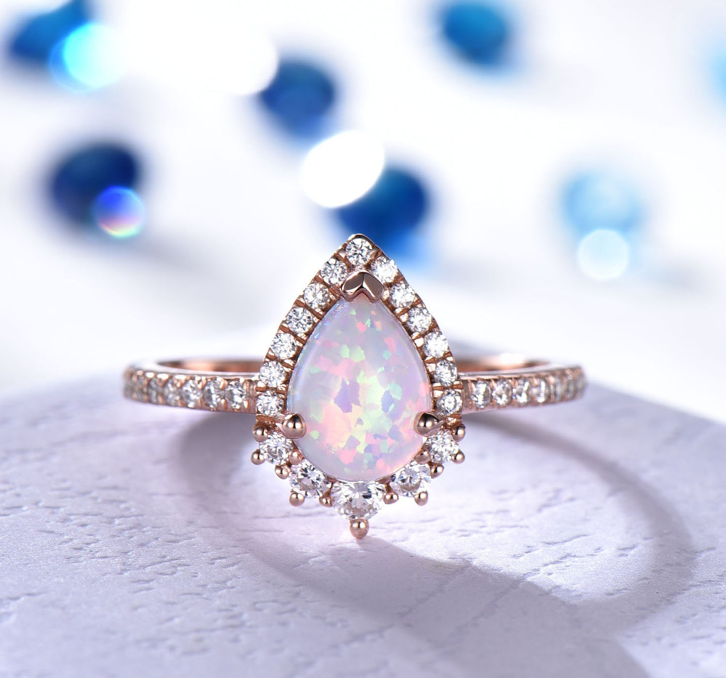 Pear cut opal engagement ring rose gold  women diamond halo ring diamond wedding band October ring promise bridal anniversary gift for her